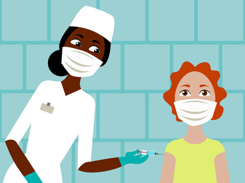 Raster illustration - a doctor in a uniform and a medical mask makes a preventive vaccination to a girl in a treatment room