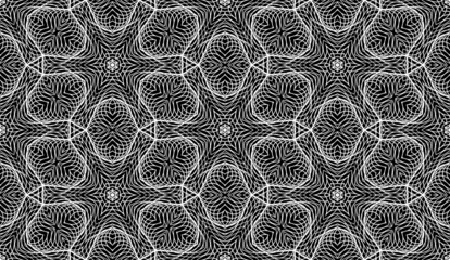Lacy repeatable ornament in solemn style. Hexagonal seamless pattern of white lines on black.