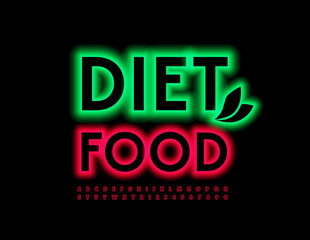 Vector trendy sign Diet Food with decorative Leaves. Red glowing Font. Neon Alphabet Letters and Numbers set