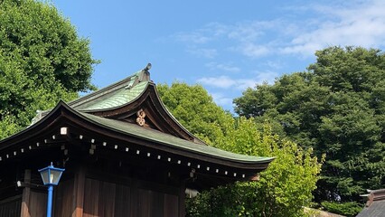 The green roof traditional shrine house of Japan, “Gojyoten Jinjya”, clear blue sky June 10th year 2022