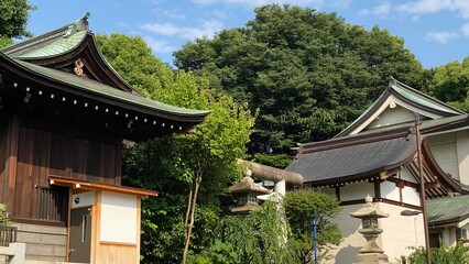 The green roof traditional shrine house of Japan, “Gojyoten Jinjya”, clear blue sky June 10th year 2022