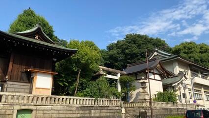 Clear blue sky and the beautiful aged Japanese shrine house on a clear blue sky sunny day, year 2022 June 10th