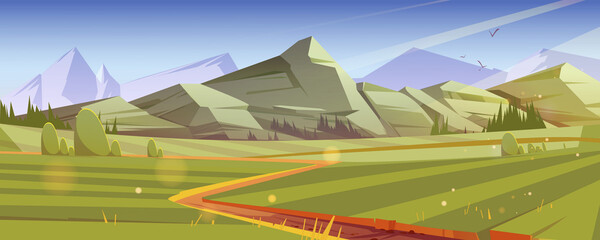 Green meadows and road in mountain valley. Vector cartoon illustration of summer landscape, countryside scenery with fields, trees and rocks range on horizon