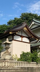 The rooftop decor and stone lantern of ancient Japanese shrine house, Ueno park 