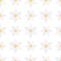 Obraz premium Narcissus. Delicate white flower with a curly yellow core. Seamless vector pattern. Isolated background. Flat style. Endless summer ornament. Delicate floral background. Idea for web design, wallpaper