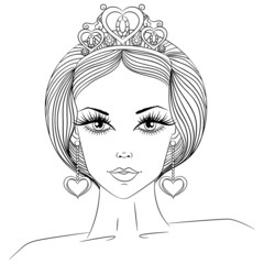 Portrait of a beautiful girl in a tiara with a bob hairstyle. Vector illustration in sketch line art style isolated on white. Close up princess fashion sketch. © ennona