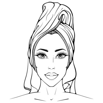 recommend clip art: Portrait of young woman in a towel on her head. Vector illustration in sketch line art style isolated on white. Spa, massage and beauty salon concept. Skin care. Coloring book page