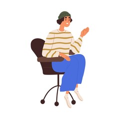Young happy girl sitting in wheeled armchair. Modern employee, trendy creative office worker in chair, greeting smb with hi hand gesture. Flat vector illustration isolated on white background