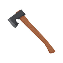 Hiking Axe, ax of Logger, lumberjack, woodcutter. Tools for logging, chopping firewood, branches, trees. Touristic equipment for camping and tourism. Vector illustration isolated on white background