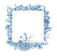 Watercolor hand drawn frame with blue magnolia flowers