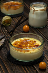 Creme brulee, sweet French dessert with caramelized sugar crust.