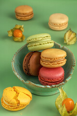 Delicious Sweet Colorful Macaroons on a colorful background