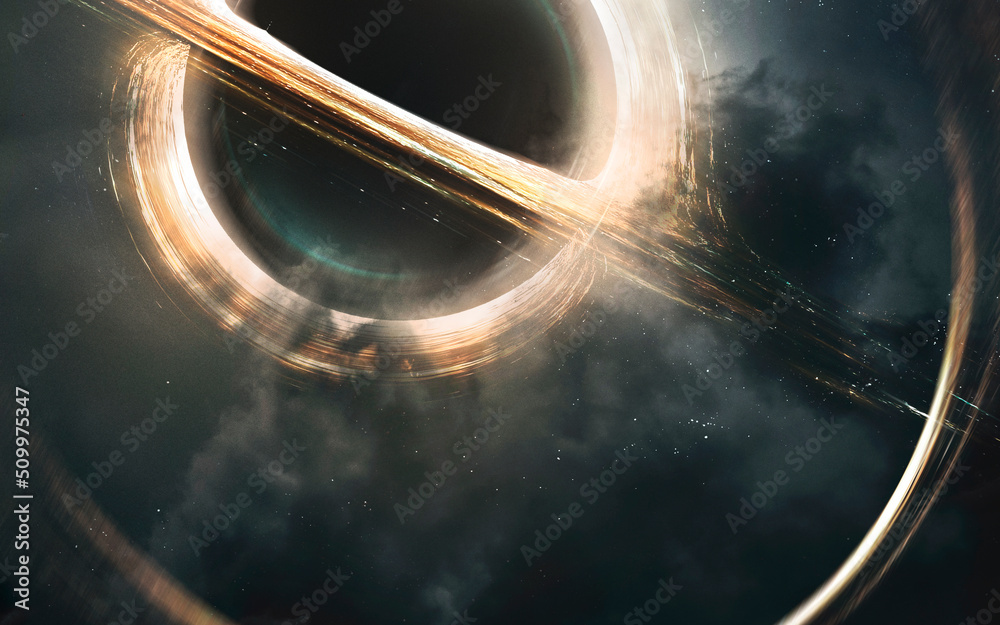 Wall mural 3d illustration of huge black hole warps space around. 5k realistic science fiction art. elements of