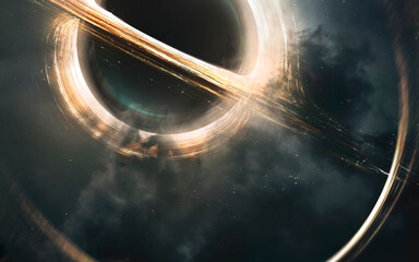 3D illustration of Huge black hole warps space around. 5K realistic science fiction art. Elements of image provided by Nasa © Vadimsadovski