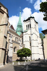 Fototapeta na wymiar View of the spire of the Geneva Saint Pierre Cathedral.