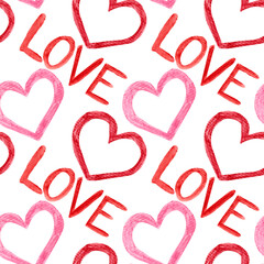 Watercolor pattern, hearts, text on a white background. Pattern for various products for weddings, Valentine's Day, etc.