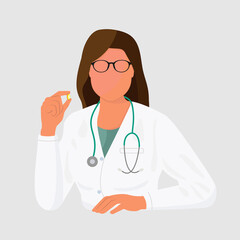 Vector of medicine icons doctor woman. Image of a physician with a pill, stethoscope and glasses.