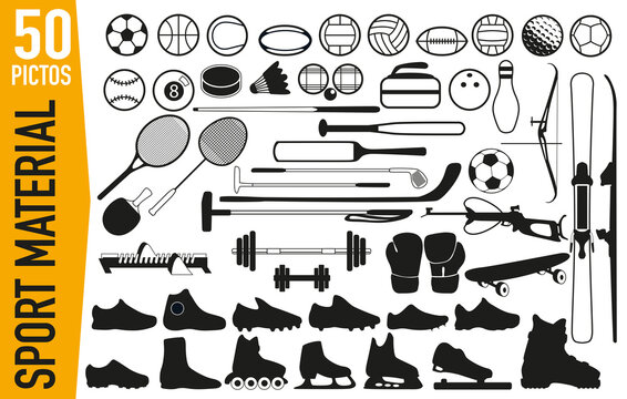 Ensemble de pictogrammes pour illustrer des matériels de sport, regroupant différentes icônes pour des panneaux de signalétiques.