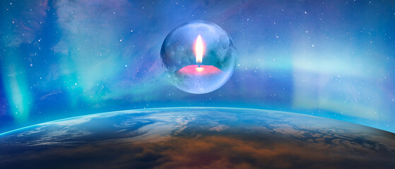 Northern lights aurora borealis over the planet Earth with Candle burning in crystal Full Moon...