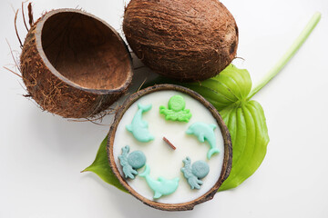 original decorative candle in a coconut. natural soy wax candle. marine theme