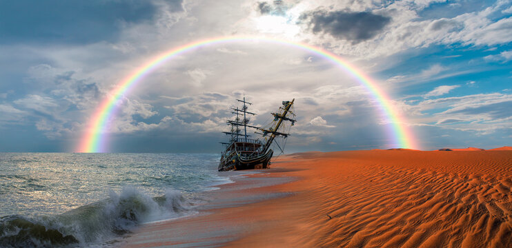 The thrown old ship has sat down on a bank - Namib desert with Atlantic ocean meets near Skeleton coast with rainbow - Namibia, South Africa