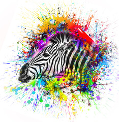 Colorful artistic zebra muzzle with bright paint splatters © reznik_val
