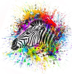 Zelfklevend Fotobehang Colorful artistic zebra muzzle with bright paint splatters © reznik_val