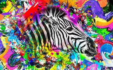 Poster Colorful artistic zebra muzzle with bright paint splatters © reznik_val