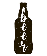 Hand drawn vintage beer bottle. Sketch style. Vector illustration. Hipster. Emblem. Beer pub, brewery, bar logo design with bottle silhouette.