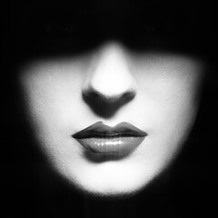 Beauty, fashion, make-up concept. Part of woman face hides in black shadow. Visible bright sexy sparkling lips, nose and cheeks. Lips is in camera focus. Black and white image