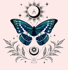 Vector illustration with butterfly and crescent. Boho art print. Modern poster.