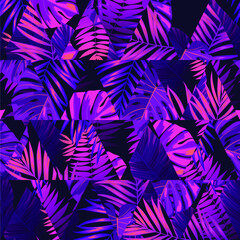 Tropical geometric vector background with hawaiian plants. Seamless violet purple tropical pattern with monstera and palm leaves.