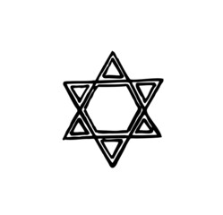 Fototapeta premium Magen David black silhouette hand drawn icon. Star sketch of David Israel symbol. Vector banner illustration jerusalem sign magen, Magen David, israel star logo, Jewish Holiday symbol.