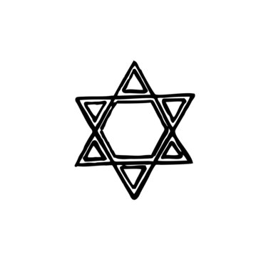 Magen David black silhouette hand drawn icon. Star sketch of David Israel symbol. Vector banner illustration jerusalem sign magen, Magen David, israel star logo, Jewish Holiday symbol.