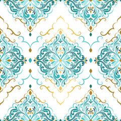 Fototapeta na wymiar Gold and turquoise vector seamless pattern. Ornament, Traditional, Ethnic, Arabic, Turkish, Indian motifs. Great for fabric and textile, wallpaper, packaging design or any desired idea. 