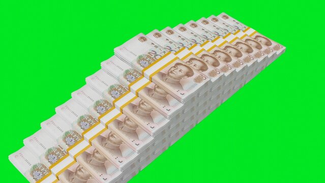 Many wads of money falling down chromakey background. 20 Chinese Yuan banknotes. Stacks of money. Financial and business concept. 
