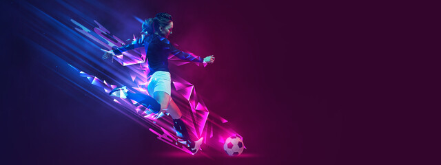Flyer. Creative artwork with female soccer, football player in motion and action with ball isolated on dark background with polygonal and fluid neon elements.