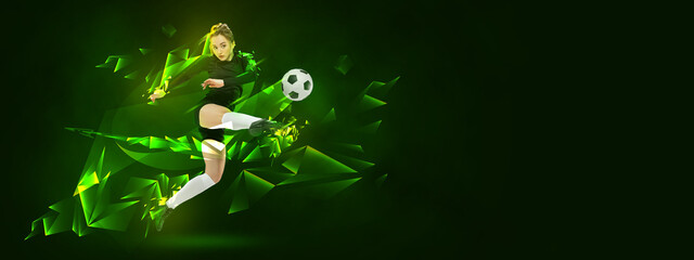 Flyer with female soccer, football player in motion and action with ball isolated on dark...