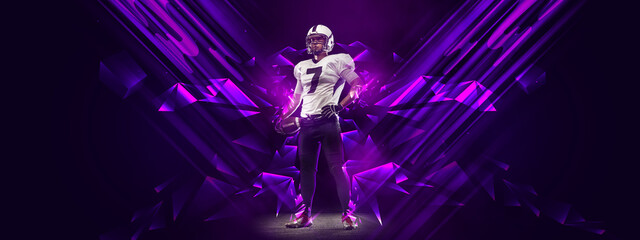 Bright poster with american football player standing isolated on dark background with purple...