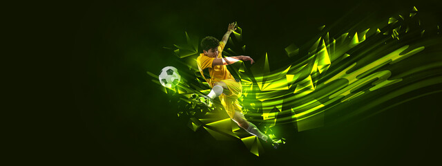Fototapeta Flyer. Creative artwork with soccer, football player in motion and action with ball isolated on dark background with polygonal and fluid neon elements. Art, creativity, sport obraz
