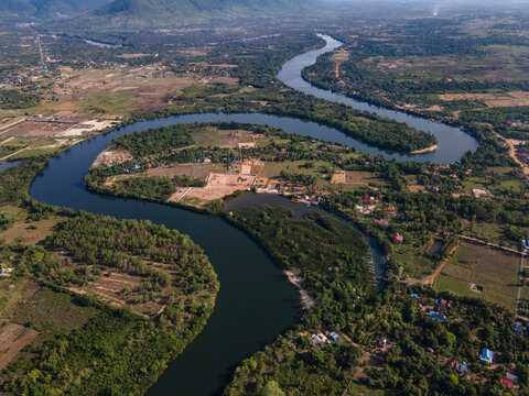 Aerial view of a river in Kampot province, Cambodia.