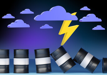 Falling barrels of fuel. Concept of fuel problem due to weather. Metaphor for fuel or oil crisis. Barrels of oil under stormy sky. Problems in petroleum industry. Clouds with lightning. 3d image.
