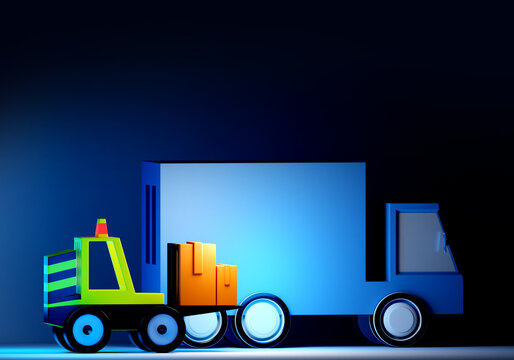 Cargo technologies. Truck and forklift on dark background. Concept of special equipment for logistics company. Process loading boxes into truck. Forklift with boxes. Truck company services. 3d image