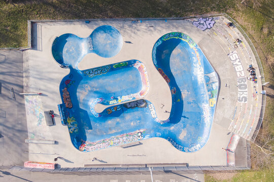 Lausanne, Switzerland - 01 March 2021: Aerial view of skate park in Lausanne, Switzerland.