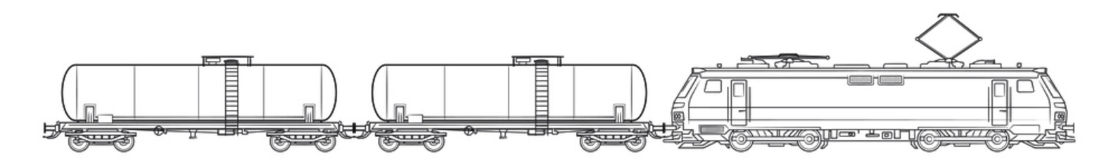 Cargo train with tanker wagons - outline vector stock illustration.