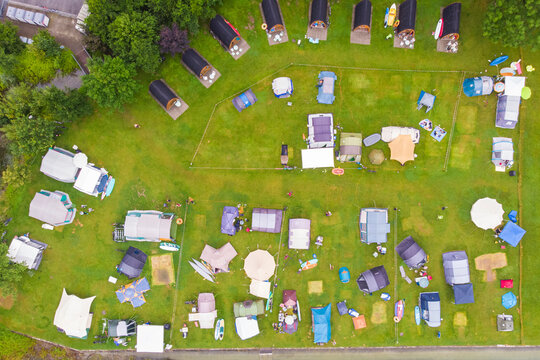 Aerial view of a camping area along Obersee lake in Arbon, Switzerland.