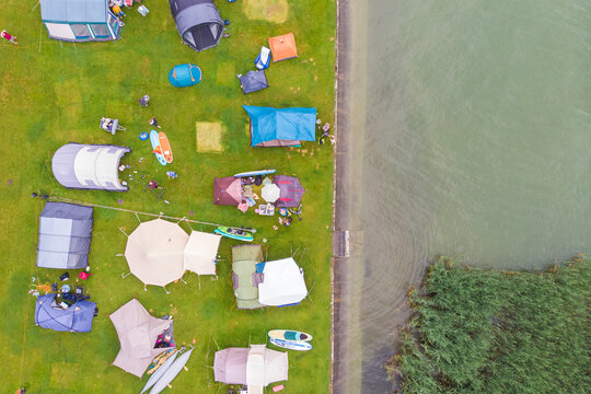 Aerial view of a camping area along Obersee lake in Arbon, Switzerland.