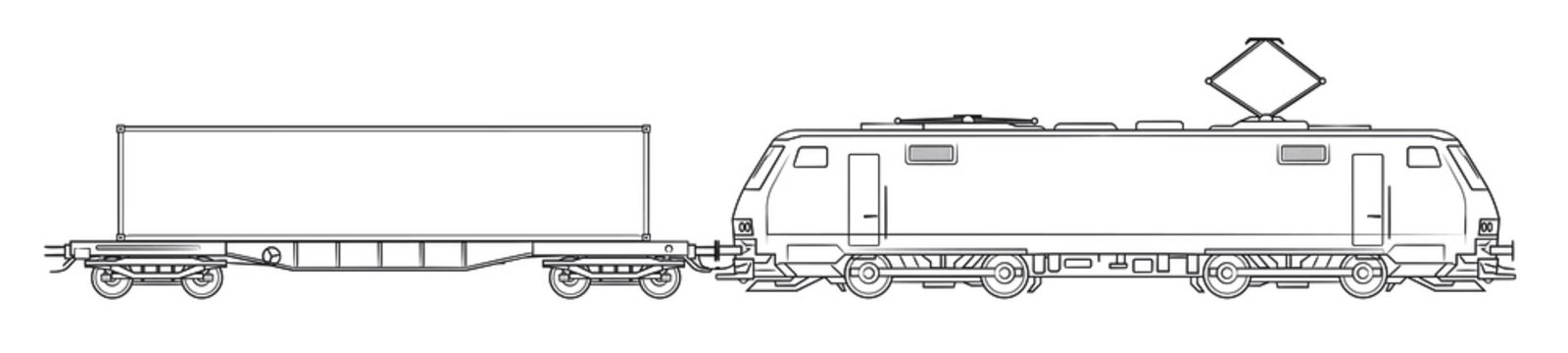 Modern cargo train with containers - outline vector stock illustration.