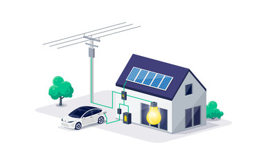 Home electricity scheme with battery energy storage system on modern house photovoltaic solar panels and rechargeable li-ion backup. Electric car charging on renewable smart power off-grid system. - obrazy, fototapety, plakaty