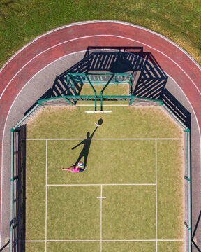 Aerial view of a person playing basketball, Chavannaz, France.